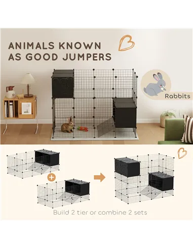 PawHut DIY Small Animal Cage with Elevated Huts, C&C Cage for Guinea Pigs, Hedgehogs, Rabbits, 31 Panels, Black
