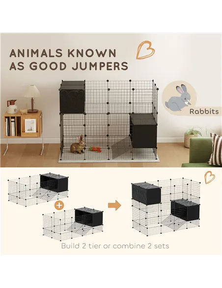 PawHut DIY Small Animal Cage with Elevated Huts, C&C Cage for Guinea Pigs, Hedgehogs, Rabbits, 31 Panels, Black