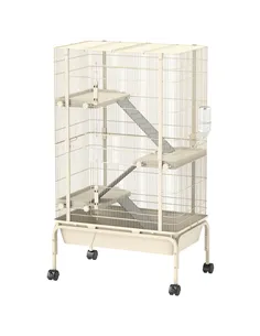 PawHut 4-Level Rolling Small Animal Cage, Rabbit Cage with 3 Ramps, Water Bottle, Food Dish, 15cm Deep Tray, Beige