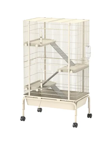 PawHut 4-Level Rolling Small Animal Cage, Rabbit Cage with 3 Ramps, Water Bottle, Food Dish, 15cm Deep Tray, Beige