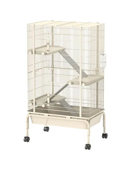 PawHut 4-Level Rolling Small Animal Cage, Rabbit Cage with 3 Ramps, Water Bottle, Food Dish, 15cm Deep Tray, Beige