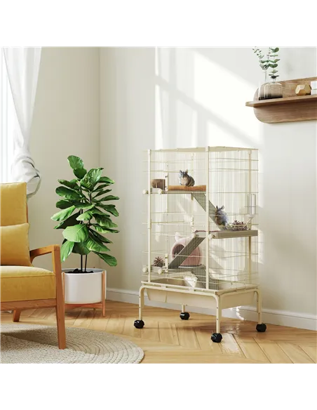 PawHut 4-Level Rolling Small Animal Cage, Rabbit Cage with 3 Ramps, Water Bottle, Food Dish, 15cm Deep Tray, Beige