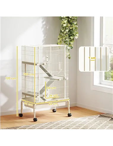 PawHut 4-Level Rolling Small Animal Cage, Rabbit Cage with 3 Ramps, Water Bottle, Food Dish, 15cm Deep Tray, Beige