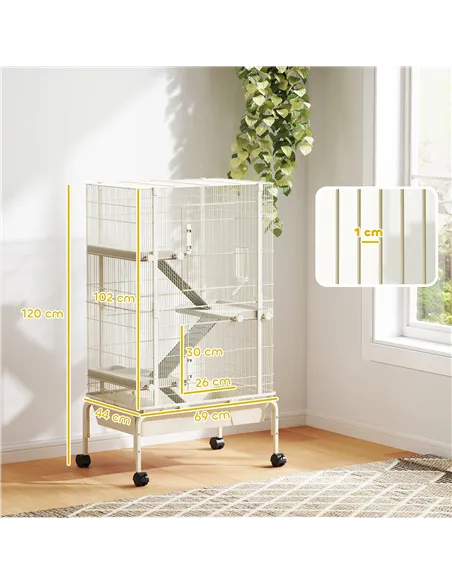 PawHut 4-Level Rolling Small Animal Cage, Rabbit Cage with 3 Ramps, Water Bottle, Food Dish, 15cm Deep Tray, Beige