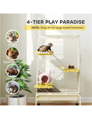 PawHut 4-Level Rolling Small Animal Cage, Rabbit Cage with 3 Ramps, Water Bottle, Food Dish, 15cm Deep Tray, Beige