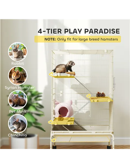 PawHut 4-Level Rolling Small Animal Cage, Rabbit Cage with 3 Ramps, Water Bottle, Food Dish, 15cm Deep Tray, Beige