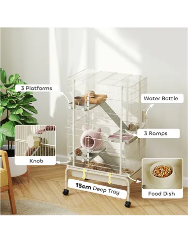 PawHut 4-Level Rolling Small Animal Cage, Rabbit Cage with 3 Ramps, Water Bottle, Food Dish, 15cm Deep Tray, Beige