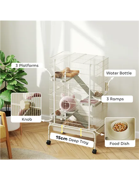 PawHut 4-Level Rolling Small Animal Cage, Rabbit Cage with 3 Ramps, Water Bottle, Food Dish, 15cm Deep Tray, Beige