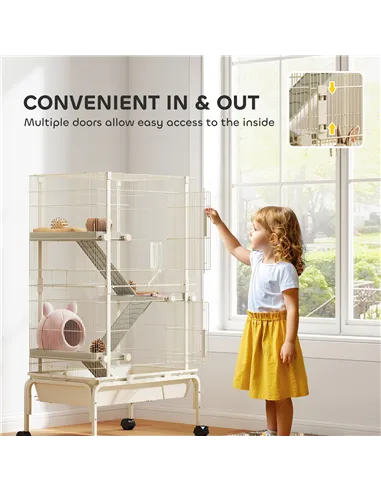 PawHut 4-Level Rolling Small Animal Cage, Rabbit Cage with 3 Ramps, Water Bottle, Food Dish, 15cm Deep Tray, Beige