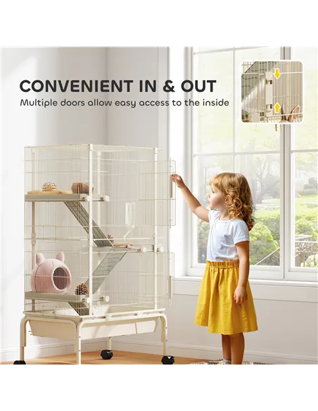 PawHut 4-Level Rolling Small Animal Cage, Rabbit Cage with 3 Ramps, Water Bottle, Food Dish, 15cm Deep Tray, Beige