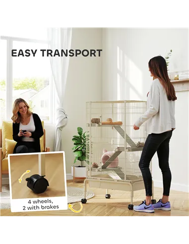 PawHut 4-Level Rolling Small Animal Cage, Rabbit Cage with 3 Ramps, Water Bottle, Food Dish, 15cm Deep Tray, Beige