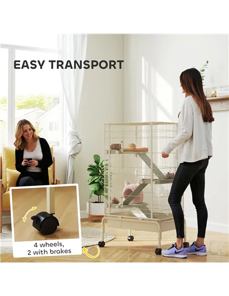 PawHut 4-Level Rolling Small Animal Cage, Rabbit Cage with 3 Ramps, Water Bottle, Food Dish, 15cm Deep Tray, Beige