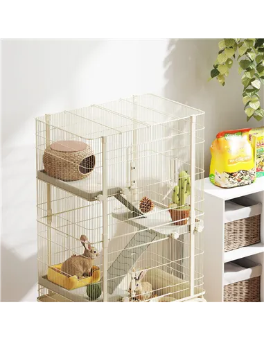 PawHut 4-Level Rolling Small Animal Cage, Rabbit Cage with 3 Ramps, Water Bottle, Food Dish, 15cm Deep Tray, Beige