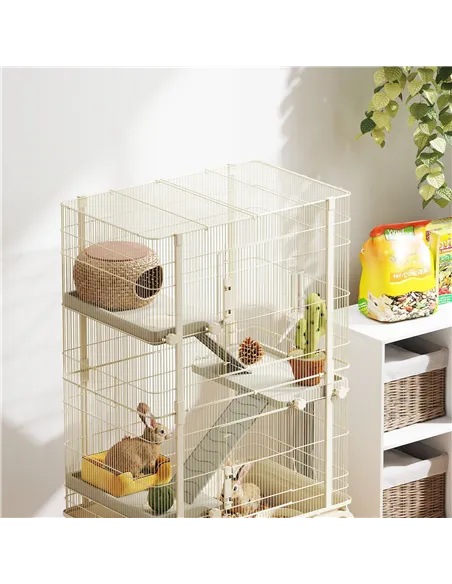 PawHut 4-Level Rolling Small Animal Cage, Rabbit Cage with 3 Ramps, Water Bottle, Food Dish, 15cm Deep Tray, Beige