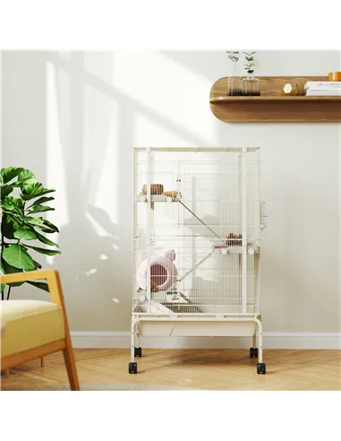 PawHut 4-Level Rolling Small Animal Cage, Rabbit Cage with 3 Ramps, Water Bottle, Food Dish, 15cm Deep Tray, Beige