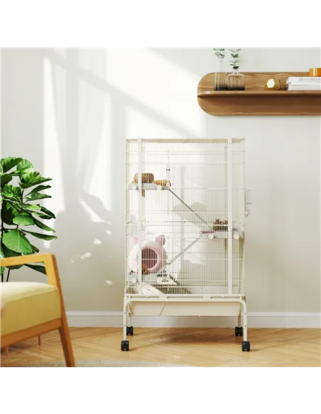 PawHut 4-Level Rolling Small Animal Cage, Rabbit Cage with 3 Ramps, Water Bottle, Food Dish, 15cm Deep Tray, Beige