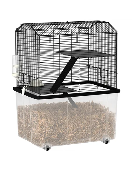 PawHut Three-Tier Gerbil Cage, Hamster Cage for Dwarf Hamster, Syrian Hamster w/ Wheels, Deep Bottom, Food Dish, Water Bottle