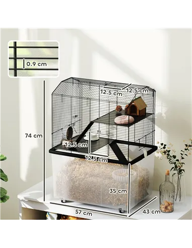 PawHut Three-Tier Gerbil Cage, Hamster Cage for Dwarf Hamster, Syrian Hamster w/ Wheels, Deep Bottom, Food Dish, Water Bottle