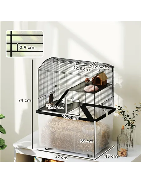 PawHut Three-Tier Gerbil Cage, Hamster Cage for Dwarf Hamster, Syrian Hamster w/ Wheels, Deep Bottom, Food Dish, Water Bottle