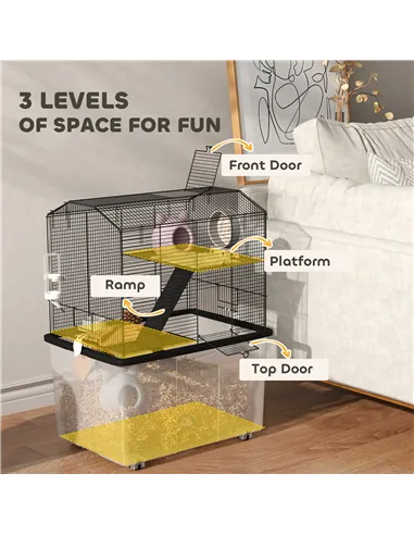 PawHut Three-Tier Gerbil Cage, Hamster Cage for Dwarf Hamster, Syrian Hamster w/ Wheels, Deep Bottom, Food Dish, Water Bottle