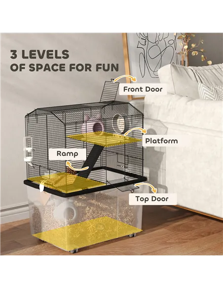 PawHut Three-Tier Gerbil Cage, Hamster Cage for Dwarf Hamster, Syrian Hamster w/ Wheels, Deep Bottom, Food Dish, Water Bottle