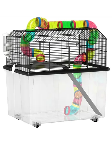 PawHut Two-Tier Hamster Cage with 31cm Deep Tray, Tube System, Water Bottle, Ramp, Feeding Bowl, Multicoloured
