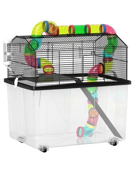 PawHut Two-Tier Hamster Cage with 31cm Deep Tray, Tube System, Water Bottle, Ramp, Feeding Bowl, Multicoloured