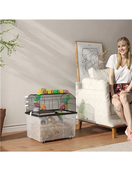 PawHut Two-Tier Hamster Cage with 31cm Deep Tray, Tube System, Water Bottle, Ramp, Feeding Bowl, Multicoloured
