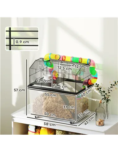 PawHut Two-Tier Hamster Cage with 31cm Deep Tray, Tube System, Water Bottle, Ramp, Feeding Bowl, Multicoloured
