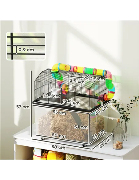 PawHut Two-Tier Hamster Cage with 31cm Deep Tray, Tube System, Water Bottle, Ramp, Feeding Bowl, Multicoloured