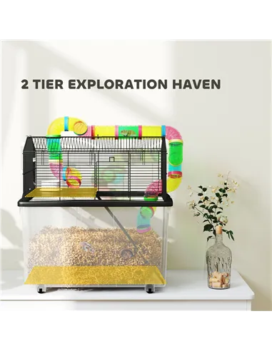 PawHut Two-Tier Hamster Cage with 31cm Deep Tray, Tube System, Water Bottle, Ramp, Feeding Bowl, Multicoloured
