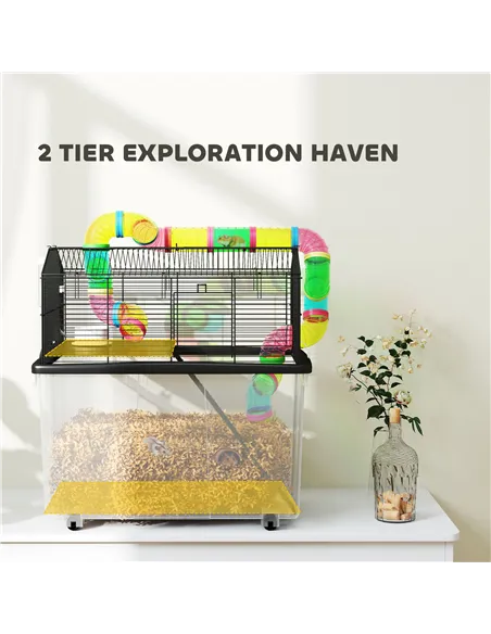 PawHut Two-Tier Hamster Cage with 31cm Deep Tray, Tube System, Water Bottle, Ramp, Feeding Bowl, Multicoloured
