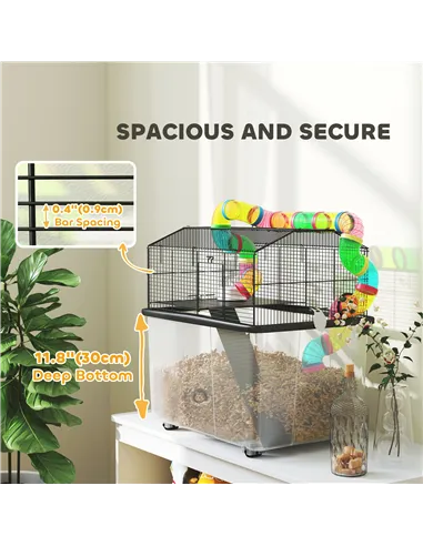 PawHut Two-Tier Hamster Cage with 31cm Deep Tray, Tube System, Water Bottle, Ramp, Feeding Bowl, Multicoloured