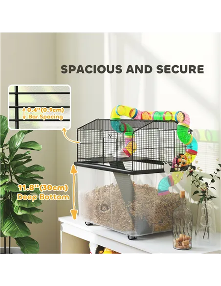 PawHut Two-Tier Hamster Cage with 31cm Deep Tray, Tube System, Water Bottle, Ramp, Feeding Bowl, Multicoloured
