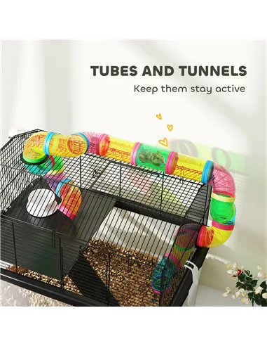 PawHut Two-Tier Hamster Cage with 31cm Deep Tray, Tube System, Water Bottle, Ramp, Feeding Bowl, Multicoloured