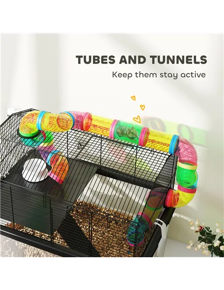 PawHut Two-Tier Hamster Cage with 31cm Deep Tray, Tube System, Water Bottle, Ramp, Feeding Bowl, Multicoloured