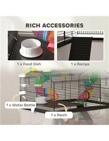 PawHut Two-Tier Hamster Cage with 31cm Deep Tray, Tube System, Water Bottle, Ramp, Feeding Bowl, Multicoloured