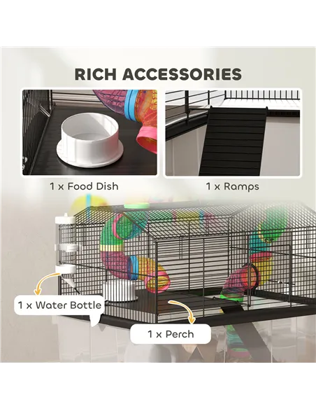 PawHut Two-Tier Hamster Cage with 31cm Deep Tray, Tube System, Water Bottle, Ramp, Feeding Bowl, Multicoloured