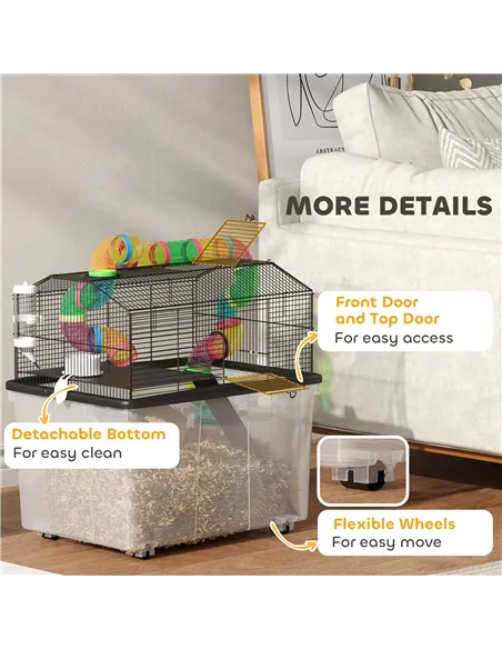 PawHut Two-Tier Hamster Cage with 31cm Deep Tray, Tube System, Water Bottle, Ramp, Feeding Bowl, Multicoloured