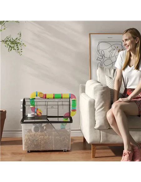 PawHut Two-Tier Hamster Cage with 31cm Deep Tray, Tube System, Water Bottle, Ramp, Feeding Bowl, Multicoloured