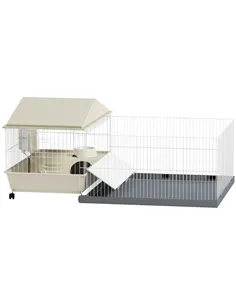 PawHut Small Animal Cage with Removable Pet Playpen, Guinea Pig Cage with Waterproof Pad, Hay Feeder, 108 x 71 x 57cm, Beige