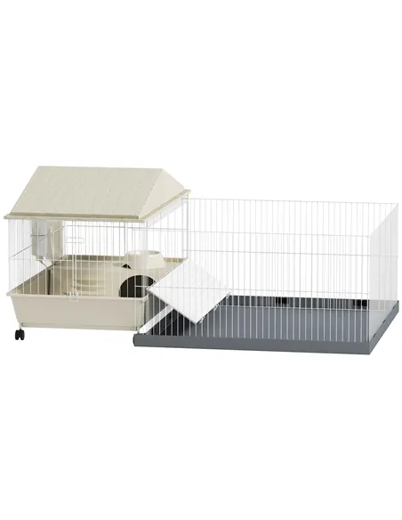 PawHut Small Animal Cage with Removable Pet Playpen, Guinea Pig Cage with Waterproof Pad, Hay Feeder, 108 x 71 x 57cm, Beige