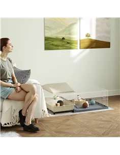 PawHut Small Animal Cage with Removable Pet Playpen, Guinea Pig Cage with Waterproof Pad, Hay Feeder, 108 x 71 x 57cm, Beige 2