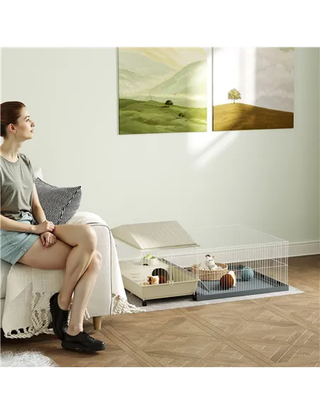 PawHut Small Animal Cage with Removable Pet Playpen, Guinea Pig Cage with Waterproof Pad, Hay Feeder, 108 x 71 x 57cm, Beige