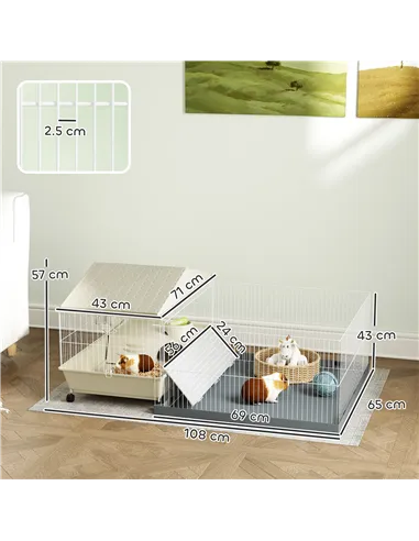 PawHut Small Animal Cage with Removable Pet Playpen, Guinea Pig Cage with Waterproof Pad, Hay Feeder, 108 x 71 x 57cm, Beige