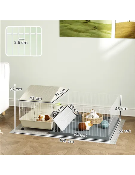 PawHut Small Animal Cage with Removable Pet Playpen, Guinea Pig Cage with Waterproof Pad, Hay Feeder, 108 x 71 x 57cm, Beige
