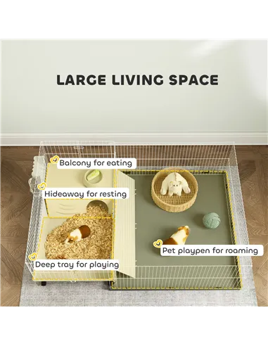 PawHut Small Animal Cage with Removable Pet Playpen, Guinea Pig Cage with Waterproof Pad, Hay Feeder, 108 x 71 x 57cm, Beige