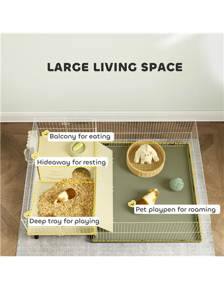 PawHut Small Animal Cage with Removable Pet Playpen, Guinea Pig Cage with Waterproof Pad, Hay Feeder, 108 x 71 x 57cm, Beige