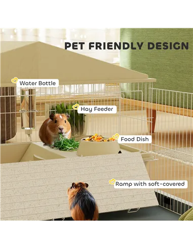 PawHut Small Animal Cage with Removable Pet Playpen, Guinea Pig Cage with Waterproof Pad, Hay Feeder, 108 x 71 x 57cm, Beige