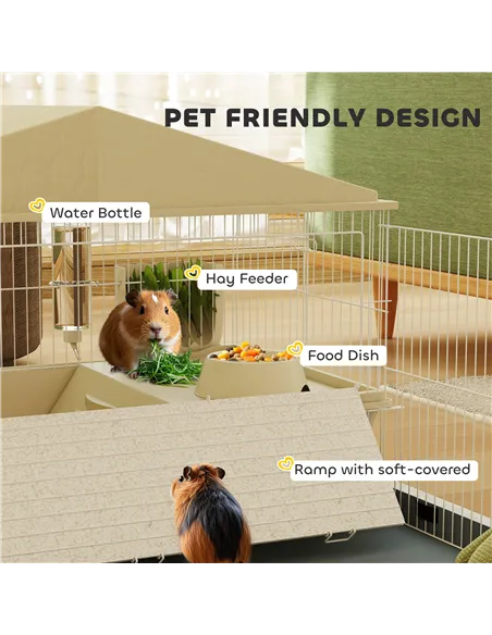 PawHut Small Animal Cage with Removable Pet Playpen, Guinea Pig Cage with Waterproof Pad, Hay Feeder, 108 x 71 x 57cm, Beige